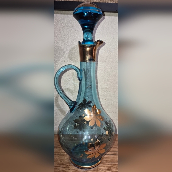 None Other - Wine Decanter Bohemian Glass Hungarian Teal Gold Leaf Vintage